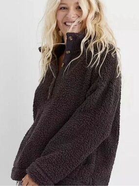Aerie Plush Sherpa Snap-Front Jacket - Dark Olive- Size L